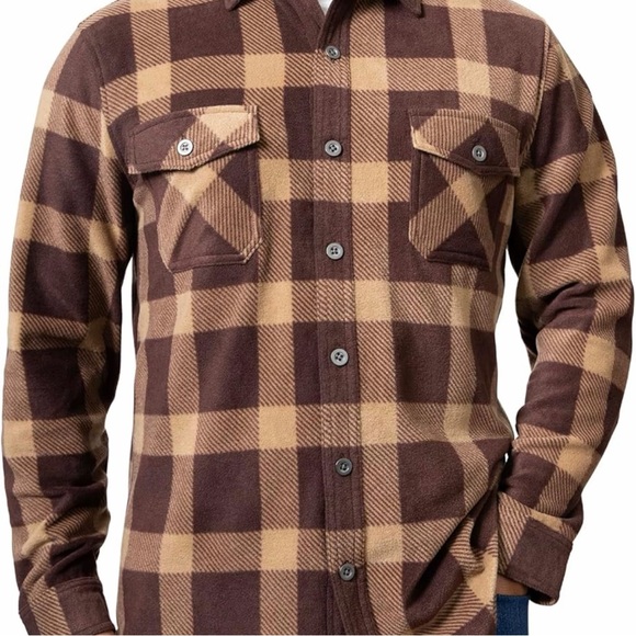 Freedom Foundry Men's Brown and Tan Plaid Fleece Button-Up Shirt Sz M
